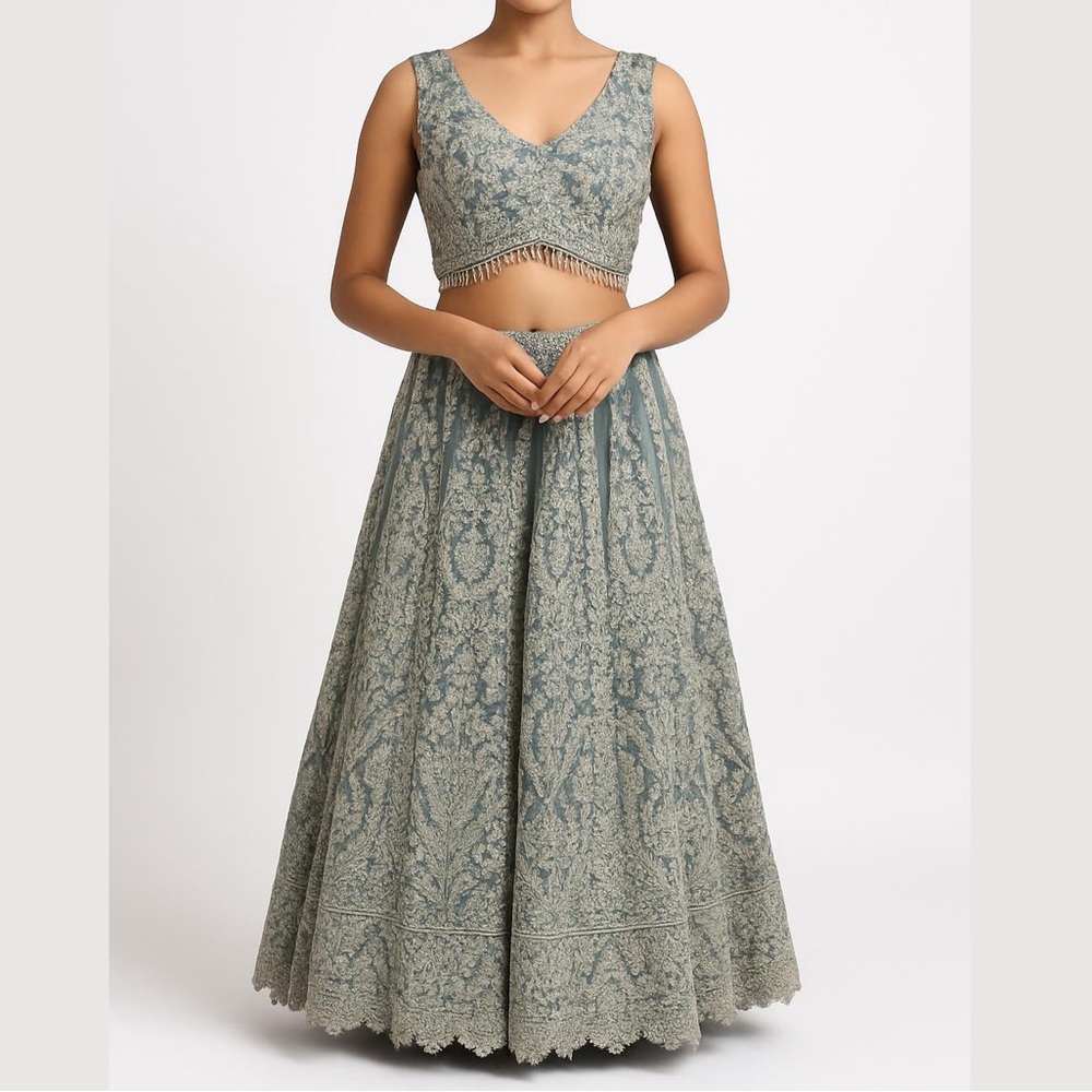 Teal Lehenga with Intricate Patterns 2 Piece Set Top And Skirt